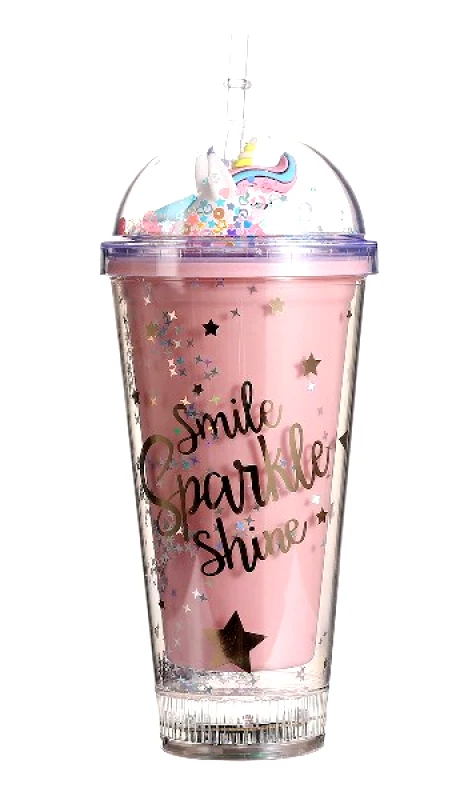 24home.gr Ποτήρι Με Καλαμάκι 450ml Πλαστικό Ροζ Star Unicorn 2436415 (Υλικό: Πλαστικό, Χρώμα: Ροζ) - 24home.gr - 2436415