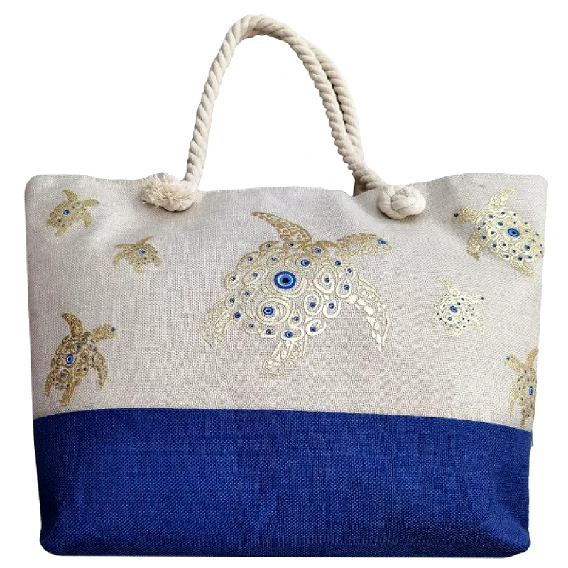 SUMMER tiempo Τσάντα Θαλάσσης Λινάτσα Με Χελώνες & Μάτι 54x15x37εκ. Summer Tiempo 42-3133 (Χρώμα: Μπλε, Ύφασμα: Λινάτσα) - SUMMER tiempo - 42-3133