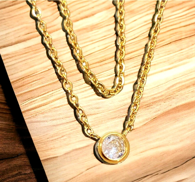 24home.gr Κολιέ Με Διπλή Αλυσίδα Χρυσή Στρογγυλό Σχέδιο & Στρας 24-706 (Υλικό: Ανοξείδωτο, Χρώμα: Χρυσό ) - 24home.gr - 24-706