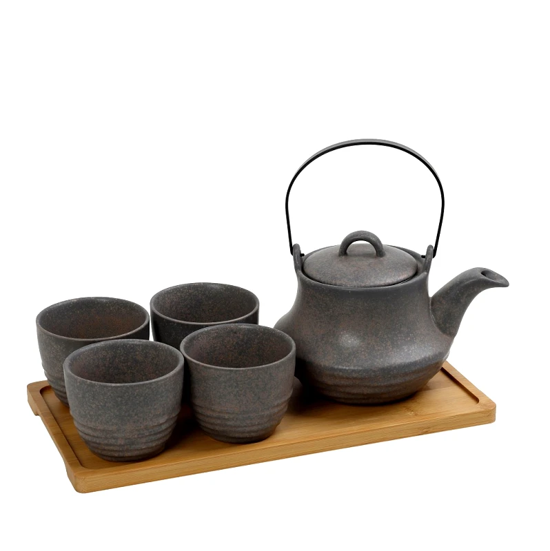 ESPIEL Σετ Τσαγιού Με Σίτα Stoneware Ritual ESPIEL 1x600/4x200ml Με Δίσκο Μπαμπού Γκρι SPI111 (Υλικό: Bamboo, Χρώμα: Γκρι) - ESPIEL - SPI111