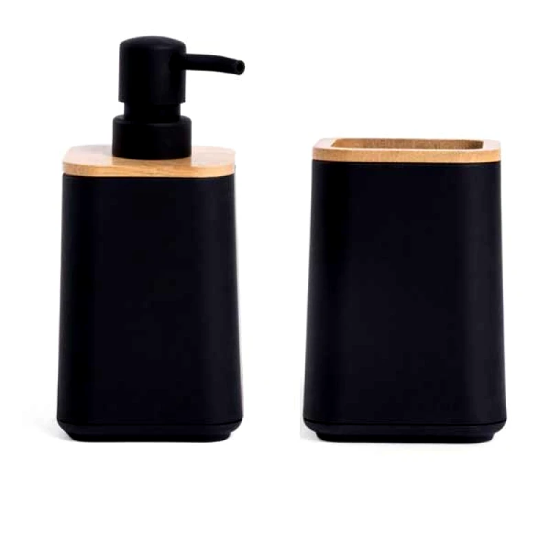 Homla Σετ 2τμχ Ντισπένσερ & Ποτηροθήκη Πλαστικό-Bamboo Μαύρο-Natural Setisa 7,5x17,5εκ.-7x11,5εκ. Homla 237913-237908 (Υλικό: Πλαστικό, Χρώμα: Μαύρο) - Homla - 237913-237908