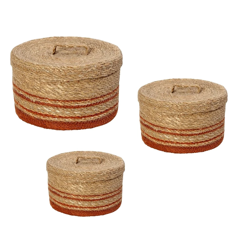 ESPIEL Καλάθι Με Καπάκι Σετ 3τμχ Seagrass Κεραμιδί-Natural ESPIEL 32x17εκ.-26x16εκ.-20x14εκ. KAG412 (Χρώμα: Κεραμιδί , Υλικό: Seagrass) - ESPIEL - KAG412