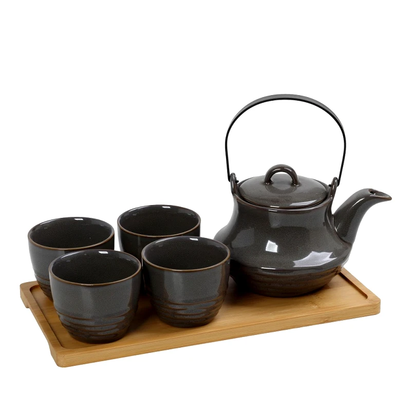 ESPIEL Σετ Τσαγιού Με Σίτα Stoneware Ritual ESPIEL 1x600/4x200ml Με Δίσκο Μπαμπού Γκρι SPI110 (Υλικό: Bamboo, Χρώμα: Γκρι) - ESPIEL - SPI110