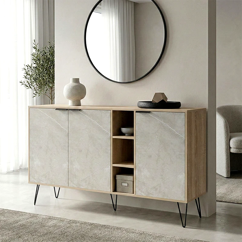 PAKO WORLD Μπουφές Balain pakoworld sonoma-γκρι μπεζ όψη μαρμάρου 142x35.5x83εκ - PAKO WORLD - 230-000163