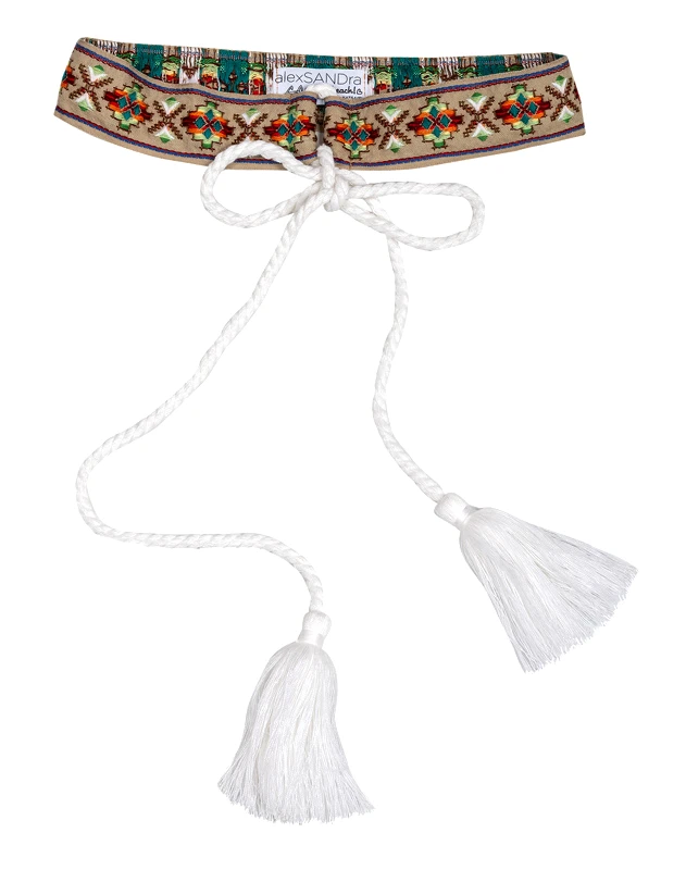 ΖΩΝΗ ΜΕ ΠΑΡΑΔΟΣΙΑΚΟ ΚΕΝΤΗΜΑ ΣΕ ΠΡΑΣΙΝΟ-ΜΠΕΖ-ΚΟΚΚΙΝΟ &amp; ΚΟΡΔΟΝΙ ΛΕΥΚΟ ΜΕ ΦΟΥΝΤΕΣ &quot;ALEXSANDRA ON THE BEACH&quot;