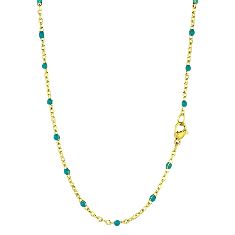 AMOR AMOR Κολιέ Αλυσίδα Ροζάριο Από Ανοξείδωτο Ατσάλι Επιχρυσωμένο 24Κ Με Τυρκουάζ Σμάλτο TA17925 55cm