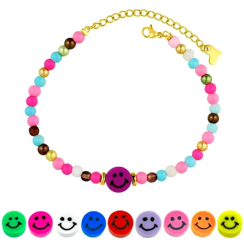 AMOR AMOR Βραχιόλι Από Ανοξείδωτο Ατσάλι Επιχρυσωμένο Με Χάντρες Και Φίμο Smiley AA29538