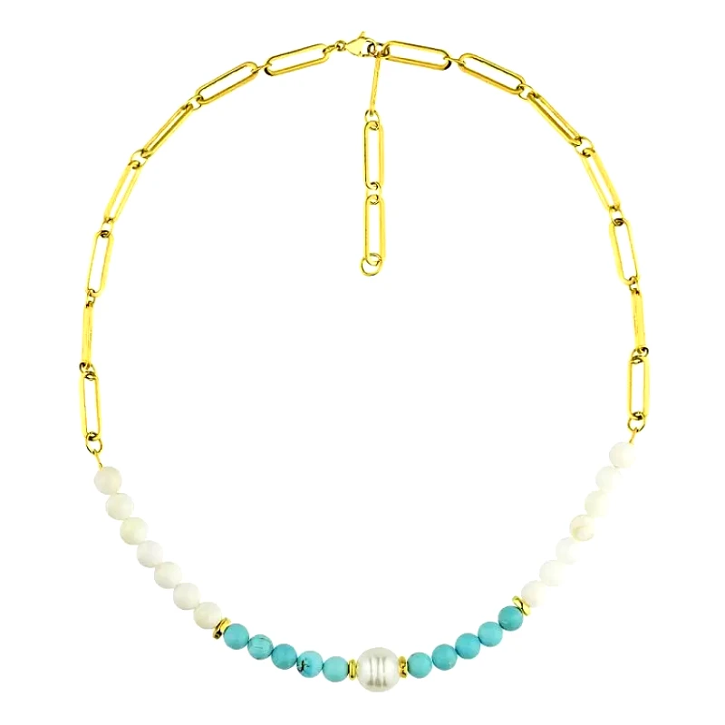 AMOR AMOR Κολιέ Από Ανοξείδωτο Ατσάλι Επιχρυσωμένο 24Κ Με Φίλντισι, Τιρκουάζ Και Μαργαριτάρι AA17897