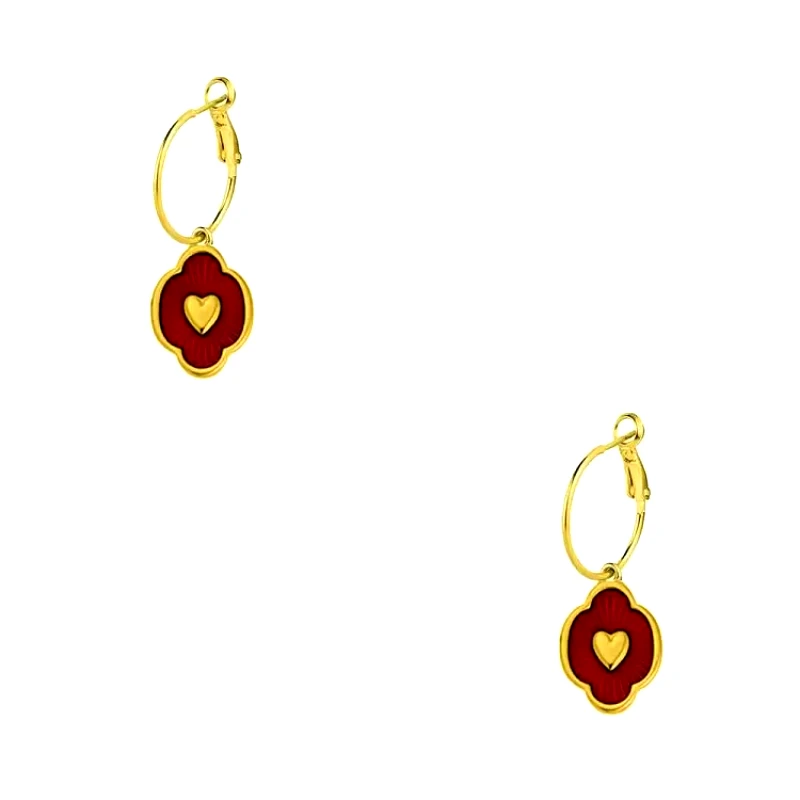AMOR AMOR Σκουλαρίκια Κρίκοι Από Ορείχαλκο Επιχρυσωμένο 24Κ Με Καρδιά Κόκκινη AA48534