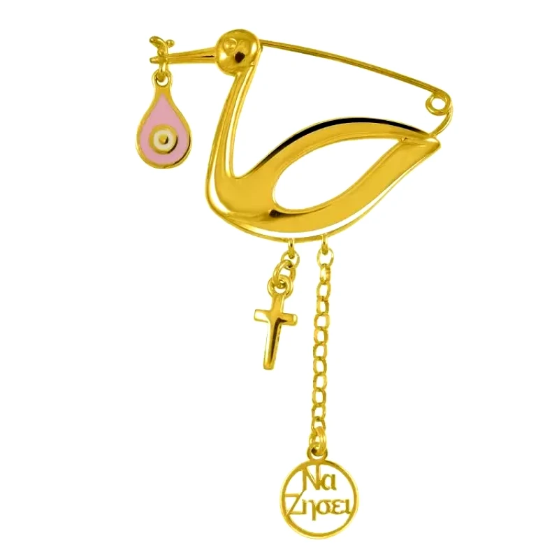 AMOR AMOR Παραμάνα Πελαργός Από Ασήμι 925 Επιχρυσωμένο Με Σταυρό Και Ματάκι EX70441