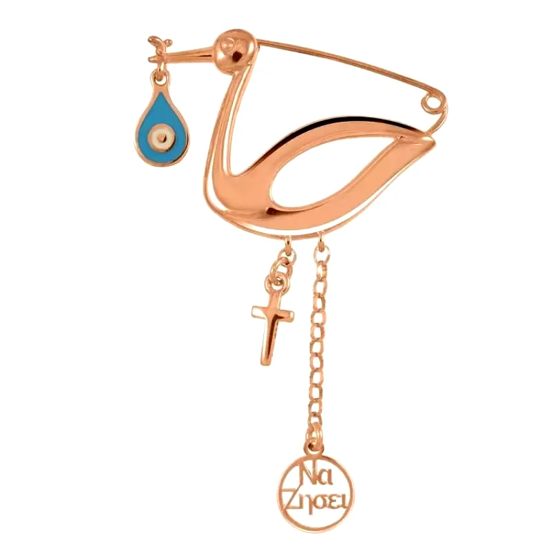 AMOR AMOR Παραμάνα Πελαργός Από Ασήμι 925 Ροζ Επιχρυσωμένο Με Σταυρό Και Ματάκι EX70445