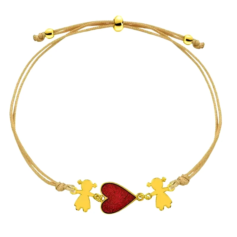 AMOR AMOR Βραχιόλι Από Κορδόνι Και Ορείχαλκο Επιχρυσωμένο 24K Με Κοριτσάκια Και Καρδιά AA22019