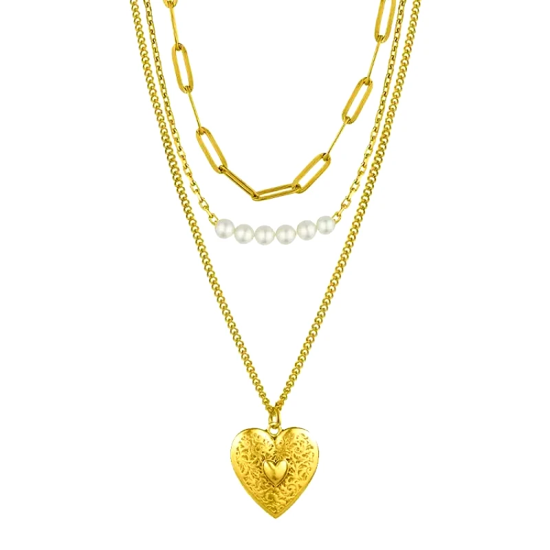 AMOR AMOR Τριπλό Κολιέ Από Ανοξείδωτο Ατσάλι Επιχρυσωμένο Με Καρδιά Μαργαριτάρια AA15708