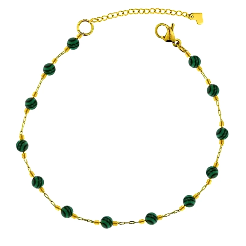 AMOR AMOR Βραχιόλι Αλυσίδα Ποδιού Ροζάριο Από Ανοξείδωτο Ατσάλι Επιχρυσωμένο 24K Με Ημιπολύτιμο Λίθο Μαλαχίτη TA25364