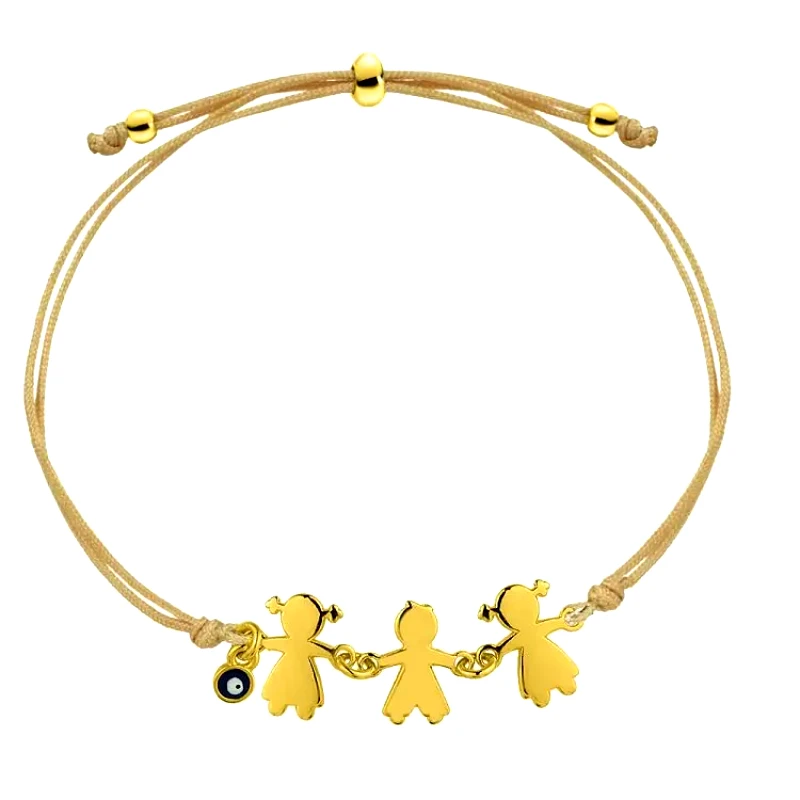 AMOR AMOR Βραχιόλι Από Κορδόνι Και Ορείχαλκο Επιχρυσωμένο 24K Με Αγοράκι, Κοριτσάκια Και Ματάκι AA22014