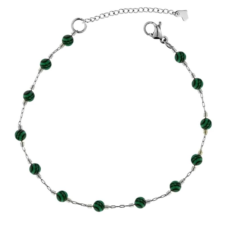 AMOR AMOR Βραχιόλι Αλυσίδα Ποδιού Ροζάριο Από Ανοξείδωτο Ατσάλι Με Ημιπολύτιμο Λίθο Μαλαχίτη TA25363