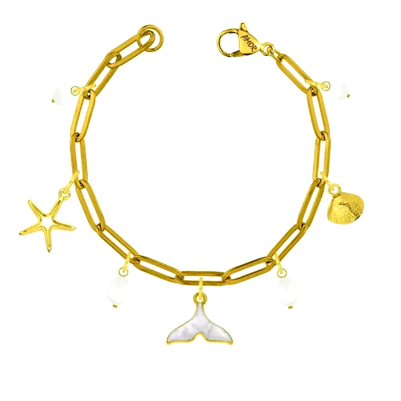 AMOR AMOR Βραχιόλι Από Ατσάλι Επιχρυσωμένο Με Αστερία, Ουρά Φάλαινας Και Κοχύλι AA29725 19 cm