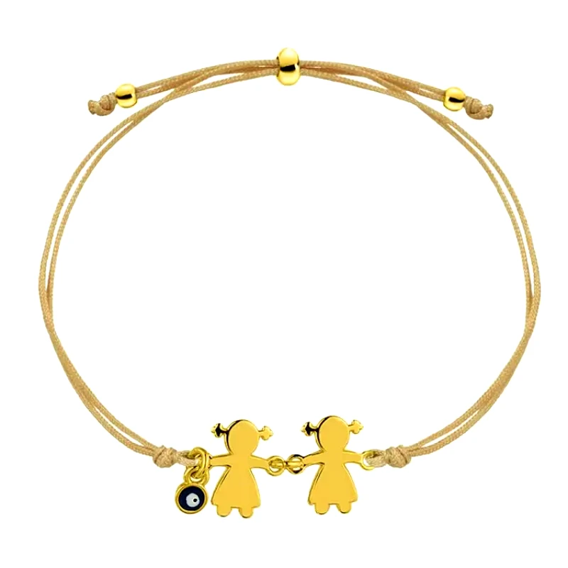 AMOR AMOR Βραχιόλι Από Κορδόνι Και Ορείχαλκο Επιχρυσωμένο 24K Με Κοριτσάκια Και Ματάκι AA22018
