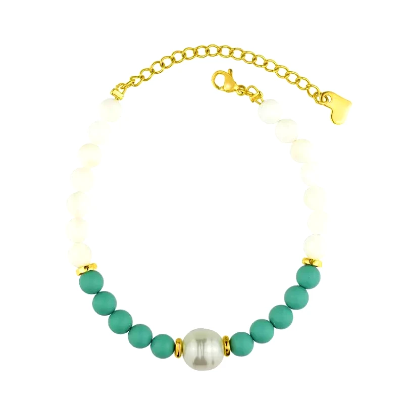 AMOR AMOR Βραχιόλι Από Ανοξείδωτο Ατσάλι Επιχρυσωμένο Με Φίλντισι, Τιρκουάζ Και Μαργαριτάρι AA29464