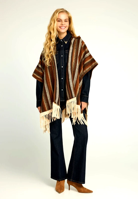 FUNKY BUDDHA Γυναικεία κάπα με boho σχέδιο και κουκούλα