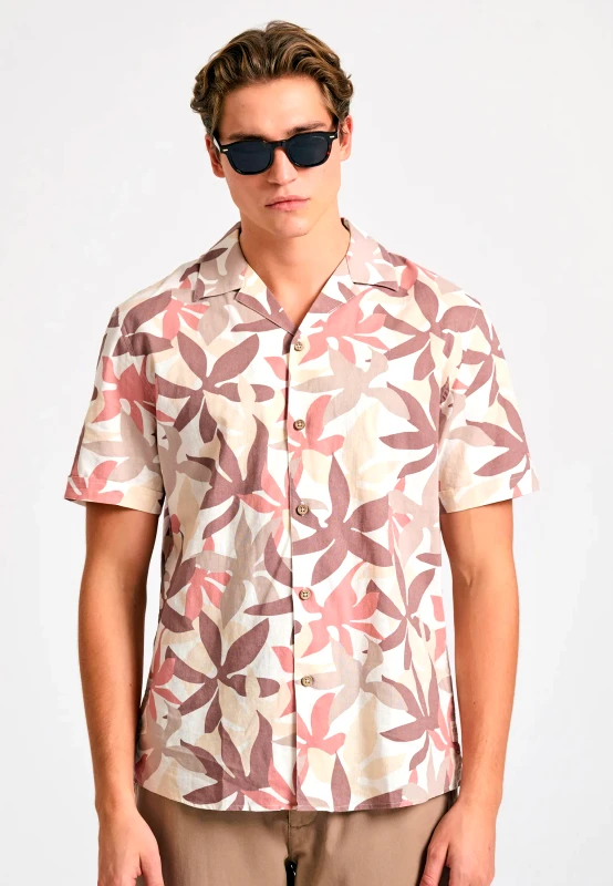 FUNKY BUDDHA Relaxed fit linen blend φλοράλ πουκάμισο