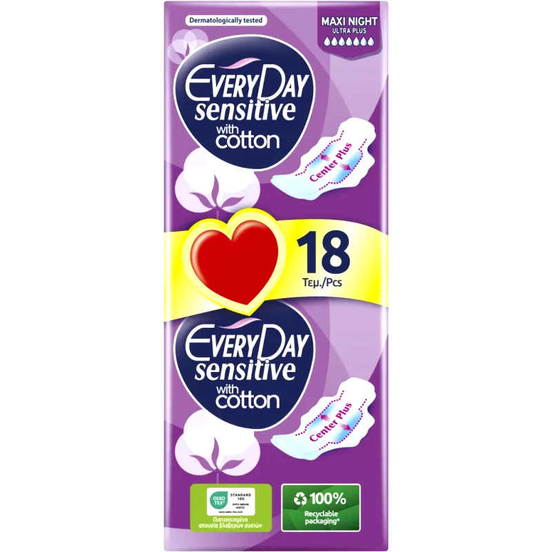 EveryDay Σερβιέτες EveryDay Sensitive Cotton MAXI NIGHT Ultra Plus οικονομική συσκευασία 18 τεμ.