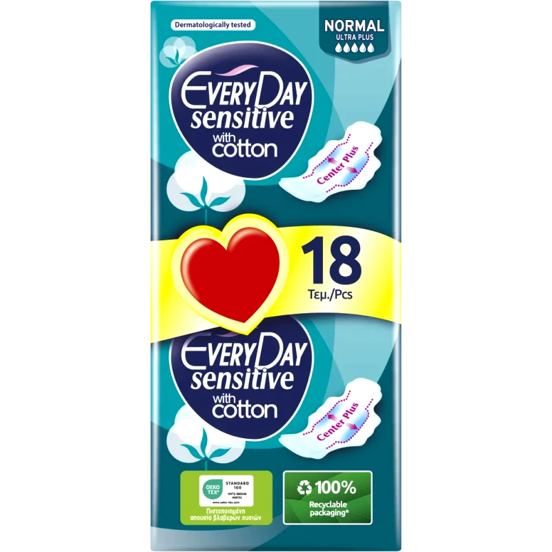 EveryDay Σερβιέτες EveryDay Sensitive Cotton NORMAL Ultra Plus οικονομική συσκευασία 18 τεμ.