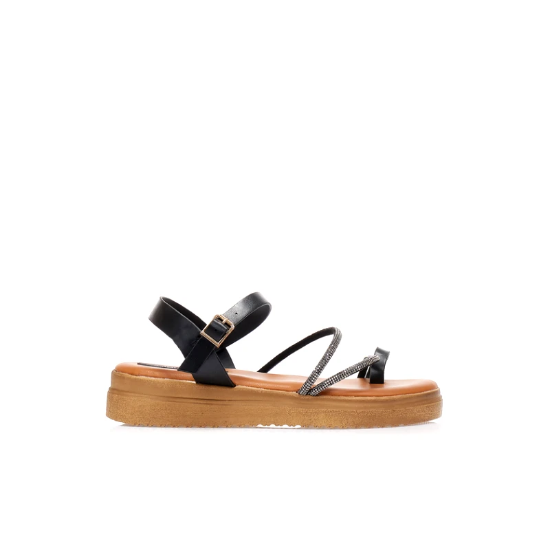 Tsoukalas Flatforms μαύρα δερματίνη με λουράκια από στρας και σχέδιο δαχτυλίδι ΜΑΥΡΟ