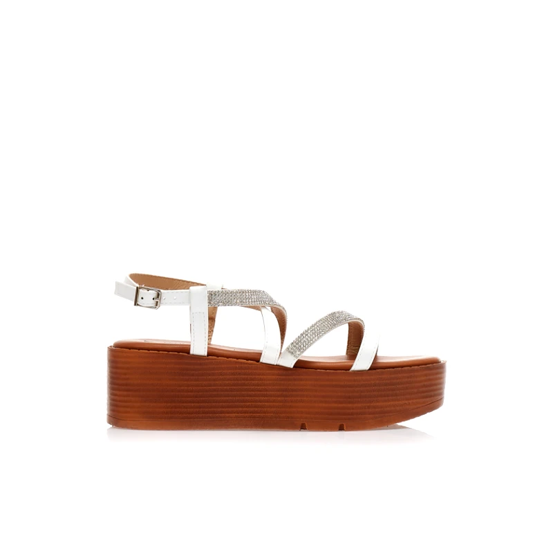 Tsoukalas Flatforms λευκά δερματίνη με λουράκια από στρας ΛΕΥΚΟ