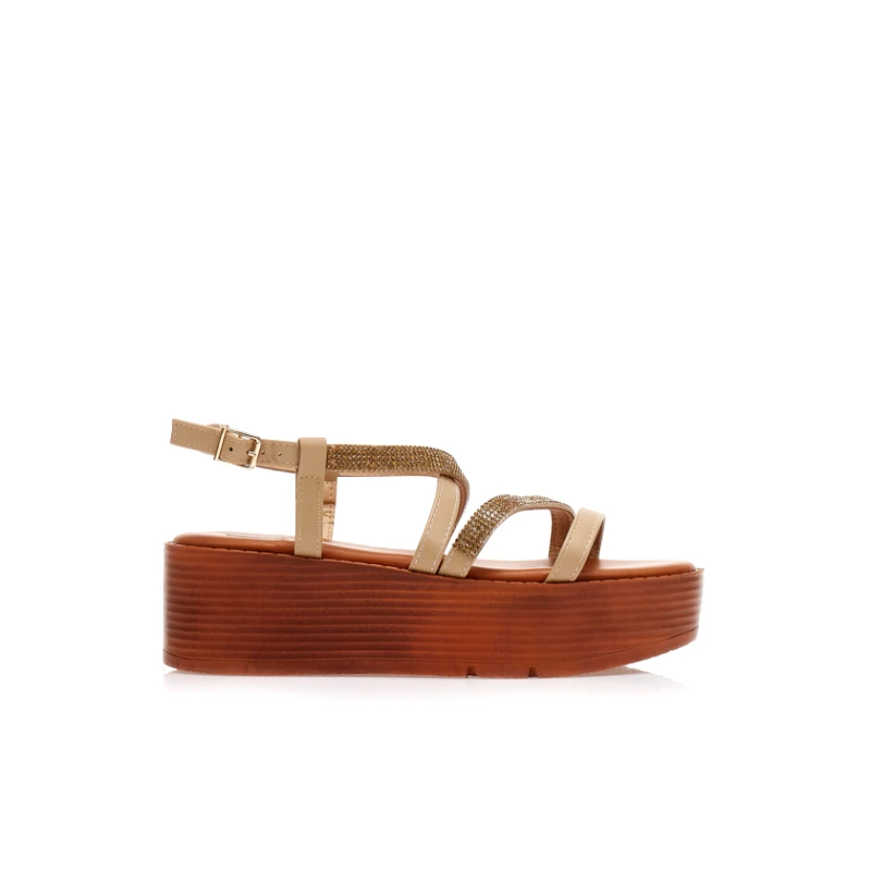 Tsoukalas Flatforms μπεζ δερματίνη με λουράκια από στρας ΜΠΕΖ