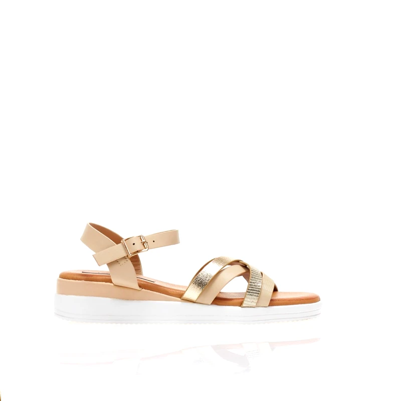 Tsoukalas Flatforms μπεζ δερματίνη με χρυσά χιαστί λουράκια ΜΠΕΖ