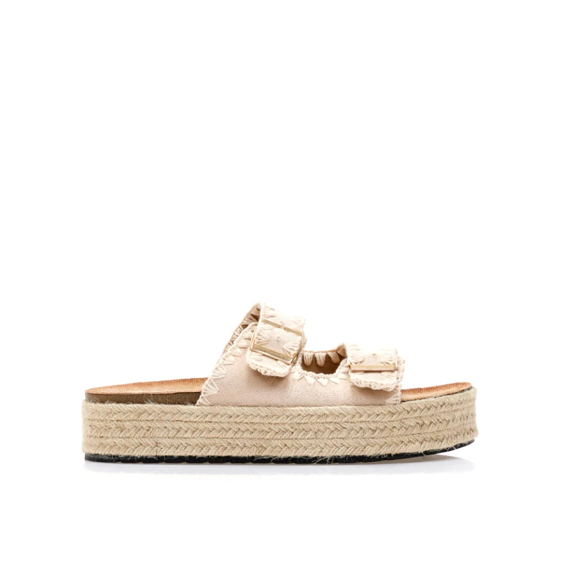 Tsoukalas Flatforms μπεζ σουέτ και ψάθινα με ρυθμιζόμενη φάσα ΜΠΕΖ