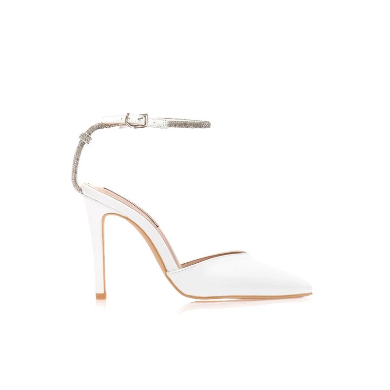 Tsoukalas Γόβες mules λευκές δερματίνη με ρυθμιζόμενο λουράκι απο στρας ΛΕΥΚΟ