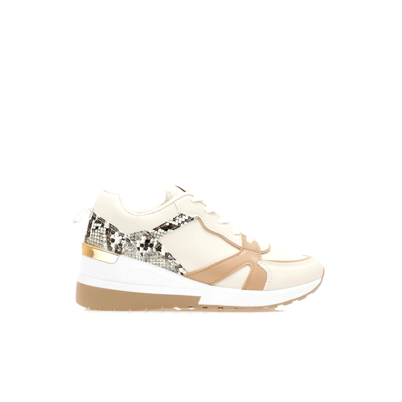 Tsoukalas Αθλητικά μπεζ δερματίνη με animal print και χρυσή λεπτομέρεια στο πίσω μέρος ΜΠΕΖ