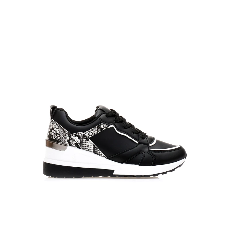 Tsoukalas Αθλητικά μαύρα δερματίνη με animal print και ανθρακί λεπτομέρεια στο πίσω μέρος ΜΑΥΡΟ