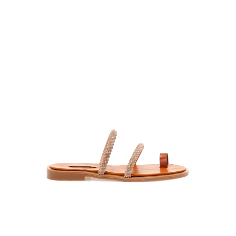 Tsoukalas Χειροποίητα σανδάλια μπρονζέ δερματίνη με λουράκια από στρας και σχέδιο δαχτυλίδι ΧΑΛΚΟΣ