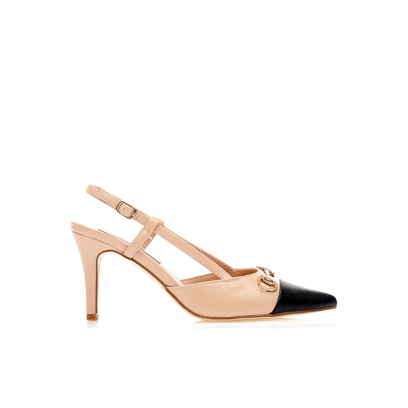 Tsoukalas Γόβες mules nude δερματίνη με μαύρη λεπτομέρεια και αγκράφα με λουράκι στον αστράγαλο μυτερές NUDE