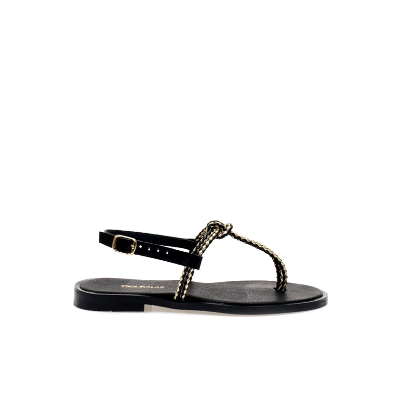 Tsoukalas Χειροποίητα σανδάλια μαύρα δερματίνη με λουράκια σε σχέδιο πλεξούδα ΜΑΥΡΟ