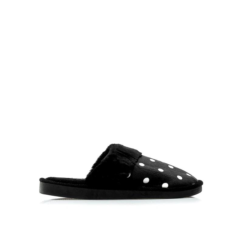 Tsoukalas Παντόφλες μαύρες σουέτ πουά με γουνάκι ΜΑΥΡΟ