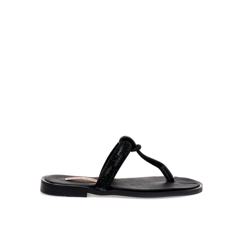 Tsoukalas Χειροποίητα σανδάλια μαύρα δερματίνη με διχάλα και φάσα από στρας ΜΑΥΡΟ