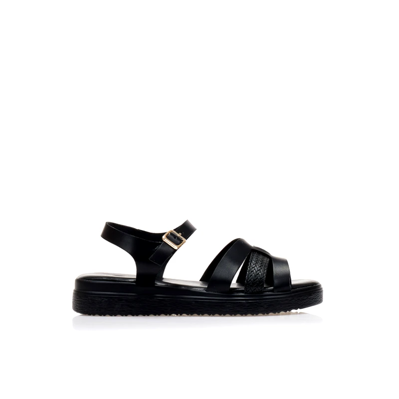 Tsoukalas Flatforms μαύρα δερματίνη με πολλαπλά λουράκια ΜΑΥΡΟ