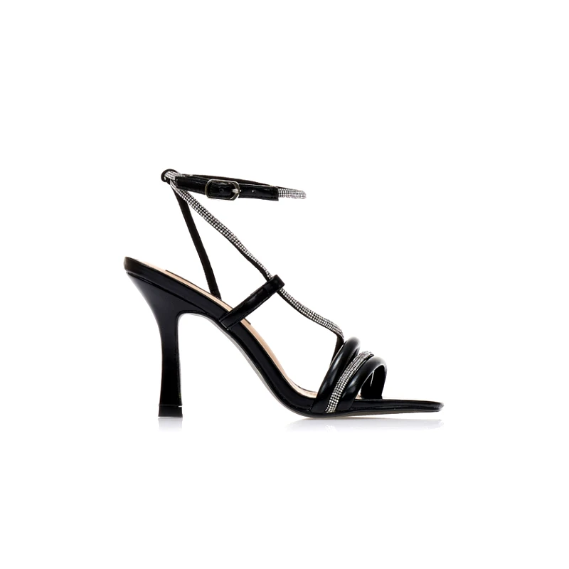 Tsoukalas Πέδιλα μαύρα δερματίνη με λεπτά λουράκια στη φάσα και λοξό λουράκι από στρας ΜΑΥΡΟ