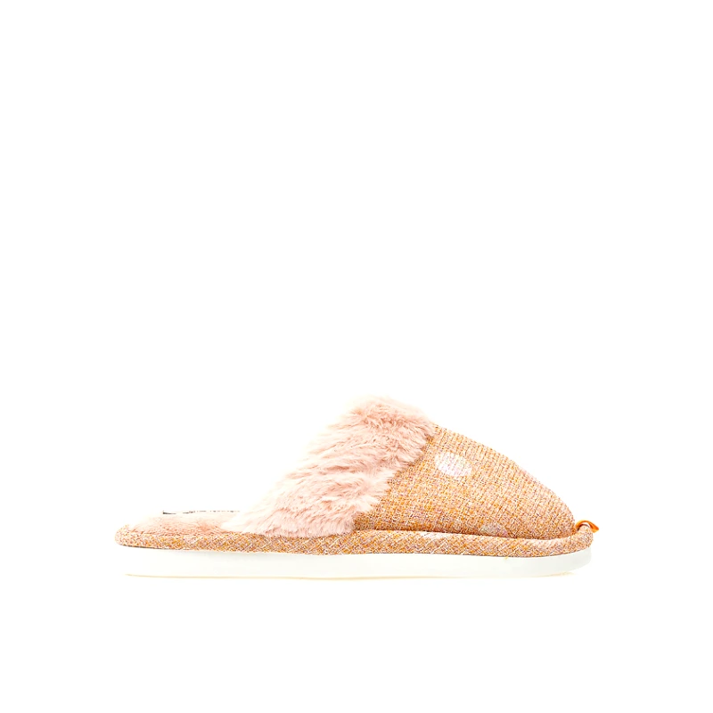 Tsoukalas Παντόφλες σομόν υφασμάτινες με ιριδίζον σχέδιο και γουνάκι ΣΟΜΟΝ