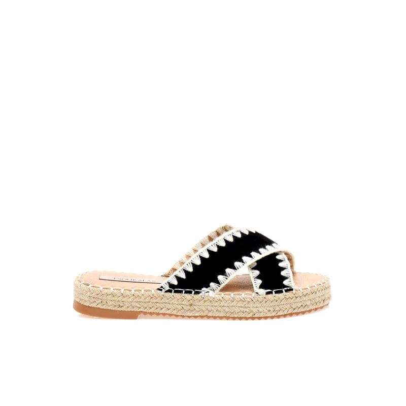 Tsoukalas Flatforms μαύρα σουέτ με ψάθινη σόλα ΜΑΥΡΟ
