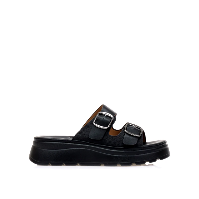 Tsoukalas Flatforms μαύρα δερματίνη με ρυθμιζόμενη φάσα ΜΑΥΡΟ
