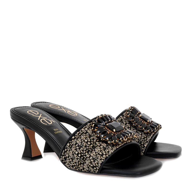 EXE EXE Shoes Γυναικείες Παντόφλες lUCIA-582 700-582 Μαύρο Χρυσό Μπουκλέ S470058243C7