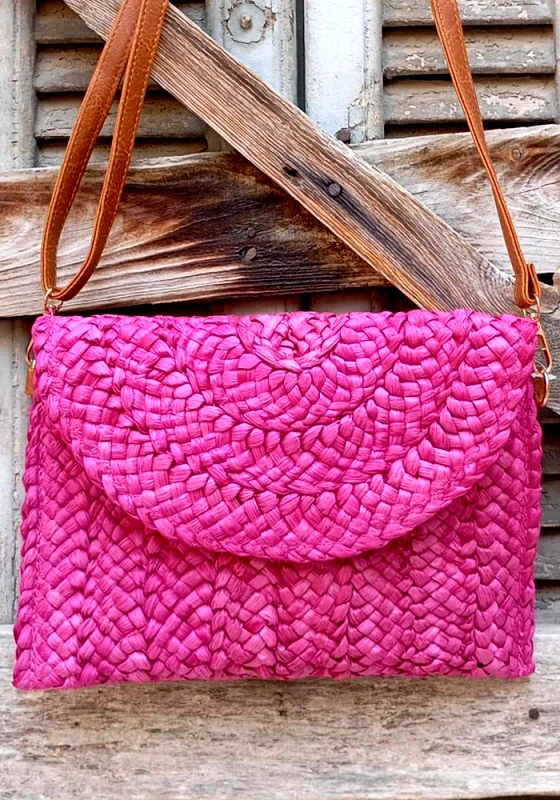 PerfectDress.gr bohο ψάθινη τσάντα φάκελος magenta