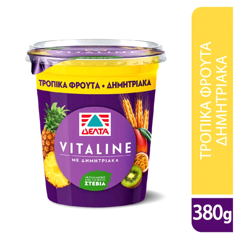 VITALINE Επιδόρπιο Γιαουρτιού Mε Δημητριακά & Τροπικά Φρούτα 0% Λιπαρά 380 gr