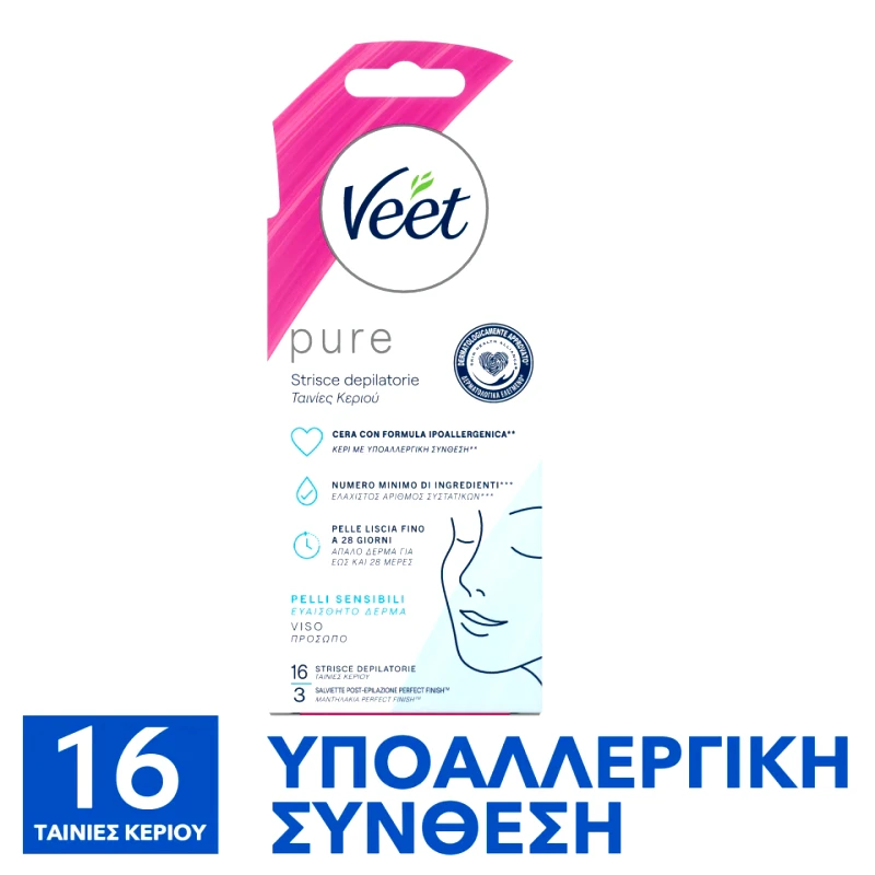 VEET Ταινίες Αποτρίχωσης Κεριού Easy Gel Πρόσωπο Υποαλλεργικές 16 Τεμάχια