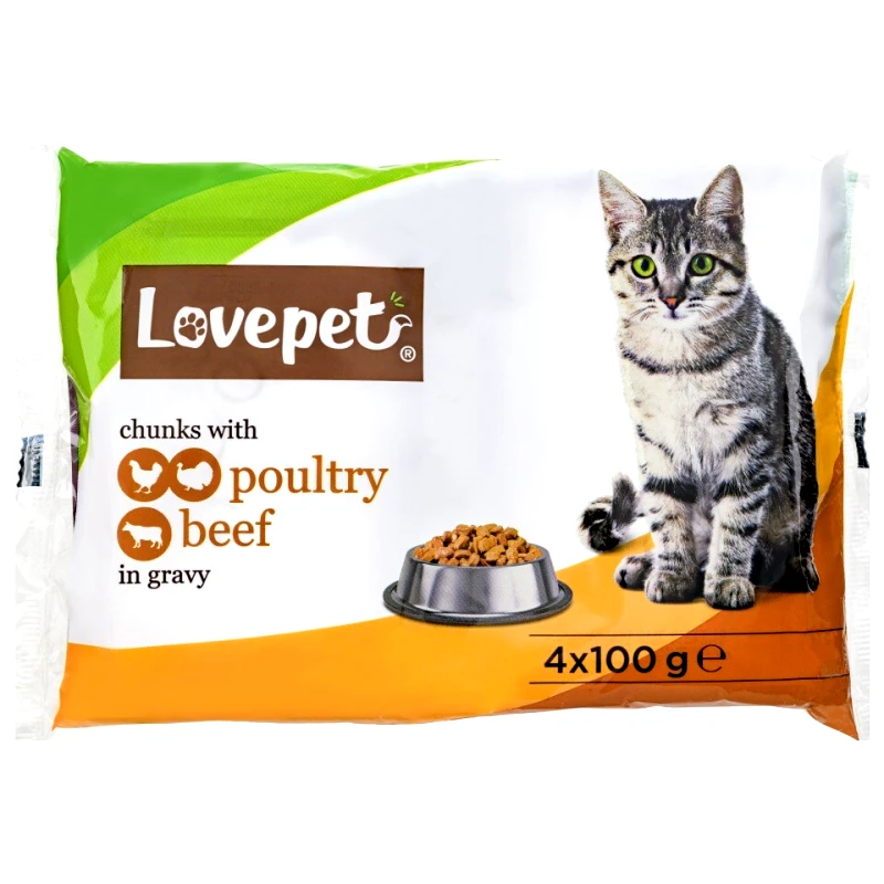 LOVEPET Γατοτροφή Πουλερικά και Βοδινό 4x100g